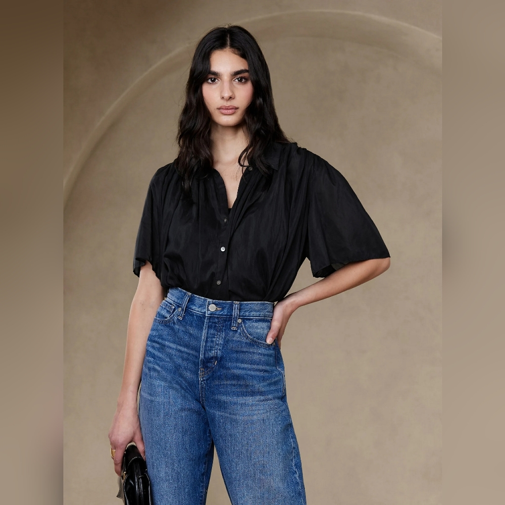NWT Rosalie Black Cotton-Silk Semi Sheer Blouse Sz Small